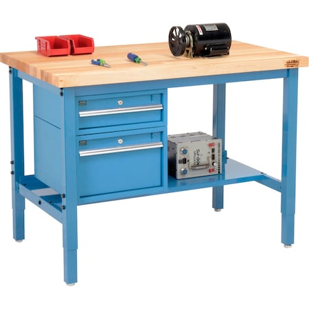 Global Industrial 96 x 36 Production Workbench, Birch Square Edge, Drawers & Shelf, Blue 319273BL